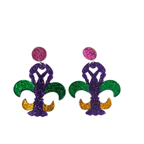 Mardi Gras Fleur Di Lis Crawfish Glitter Dangle Acrylic Earrings NEW - Picture 1 of 2